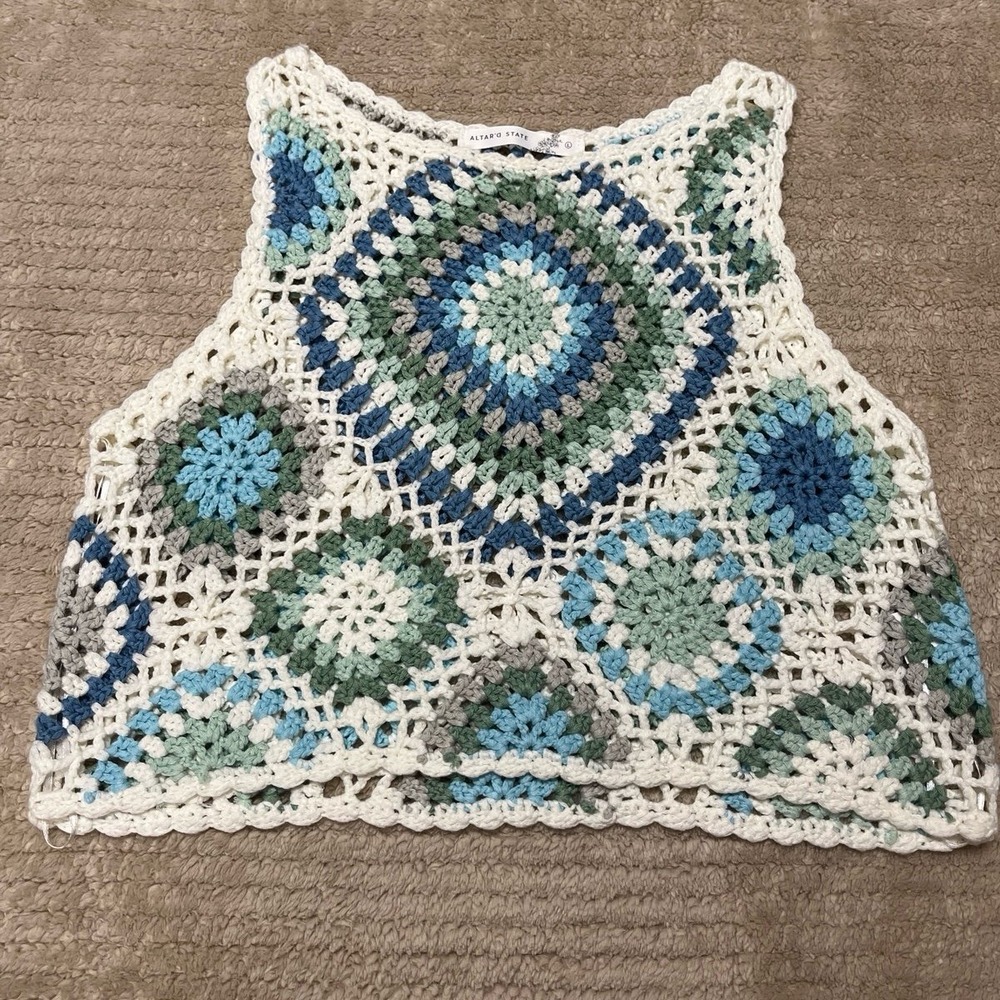 Altar'd State crochet tank top with blue, green, and cream square pattern size L